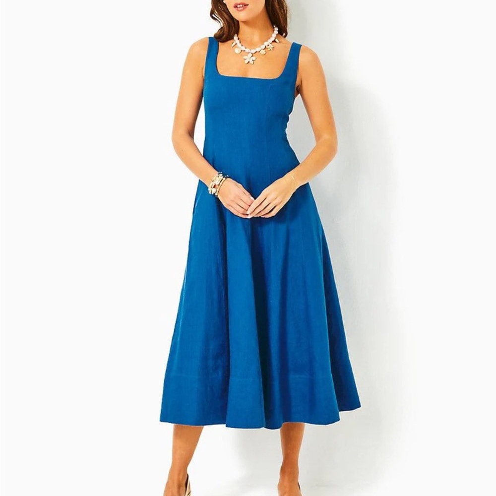 Lilly Pulitzer 100% Linen Blue Fit & Flare Square Neckline Midi Dress, NWT Sz 8